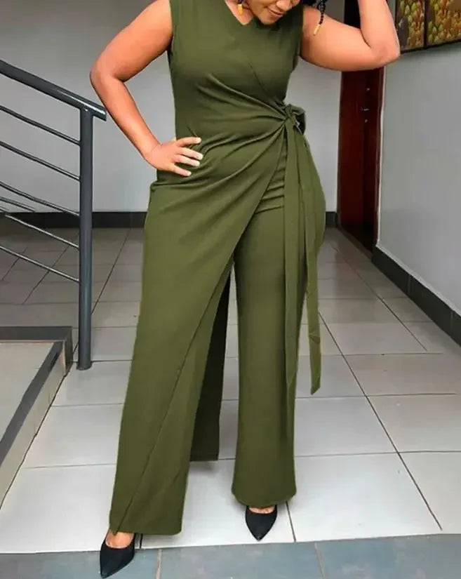 Women's Jumpsuit Summer Fashion Tied Detail V-Neck Casual Plain Sleeveless Asymmetrical Work Long Jumpsuit Y2K Streetwear RT220