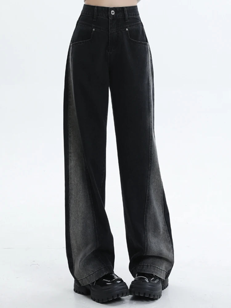 Woman High Waist Jeans Lady American High Street Patchwork Straight Leg Pants Girls Black Gray Contrast Color Wide Leg Trousers RT220