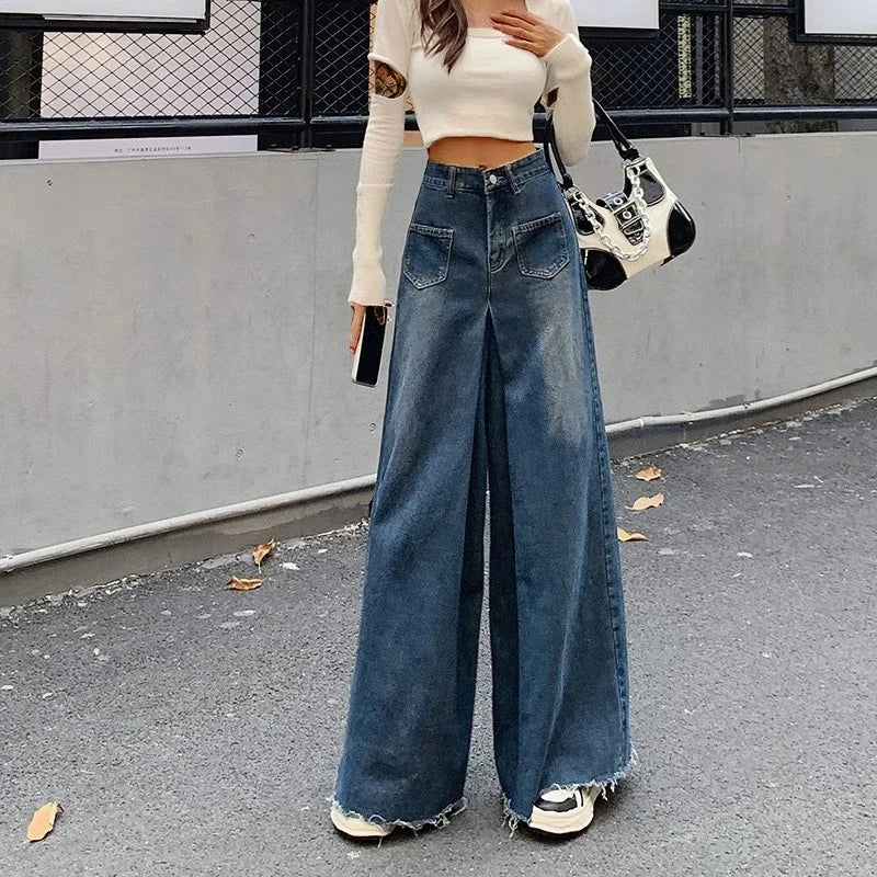 Woman High Waist High Street Wide Leg Jeans Female Loose Designer Pants Girls Fashion Y2k Blue Light Blue Gothic Denim Trousers RT220