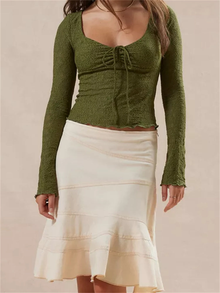 CHRONSTYLE Vintage Women Spring Fall Slim Fit Lace T-shirts Crop Tops Long Sleeve Low Cut Tie Up Tees Shirts Party Clubwear 2023 RT220