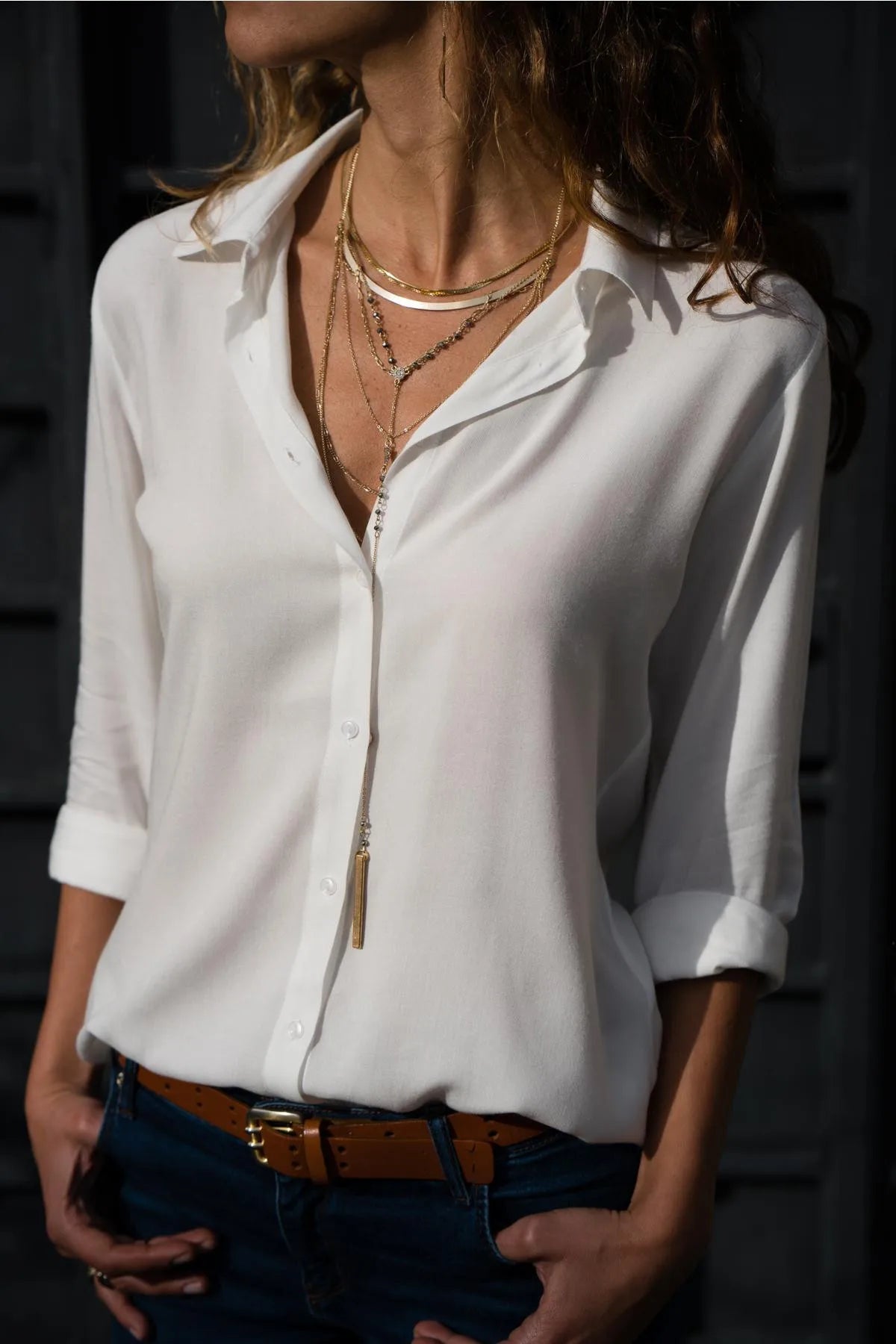 Ladies' Elegant Solid Chiffon Top Summer Casual Long Sleeve V-neck Loose Shirt Office Women's Solid Color Collar Fashion Top RT220