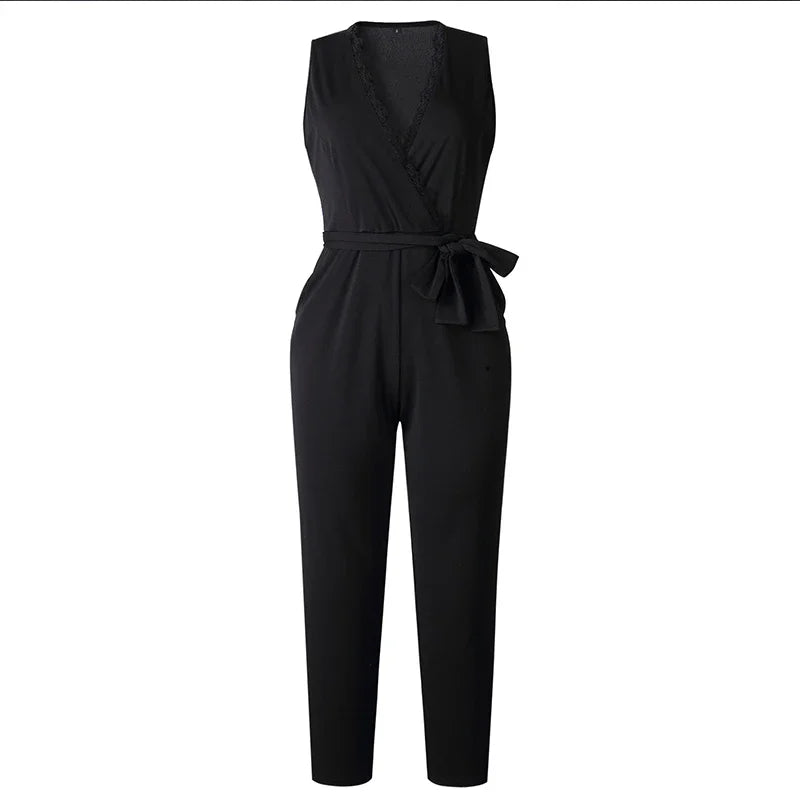 Fashion Lace Women Jumpsuit With Belt Sleeveless Casual V-neck Solid Women Black Jumpsuits Fashion Female Pants Suit Pants RT220