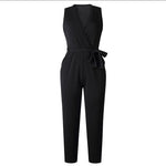 Fashion Lace Women Jumpsuit With Belt Sleeveless Casual V-neck Solid Women Black Jumpsuits Fashion Female Pants Suit Pants RT220