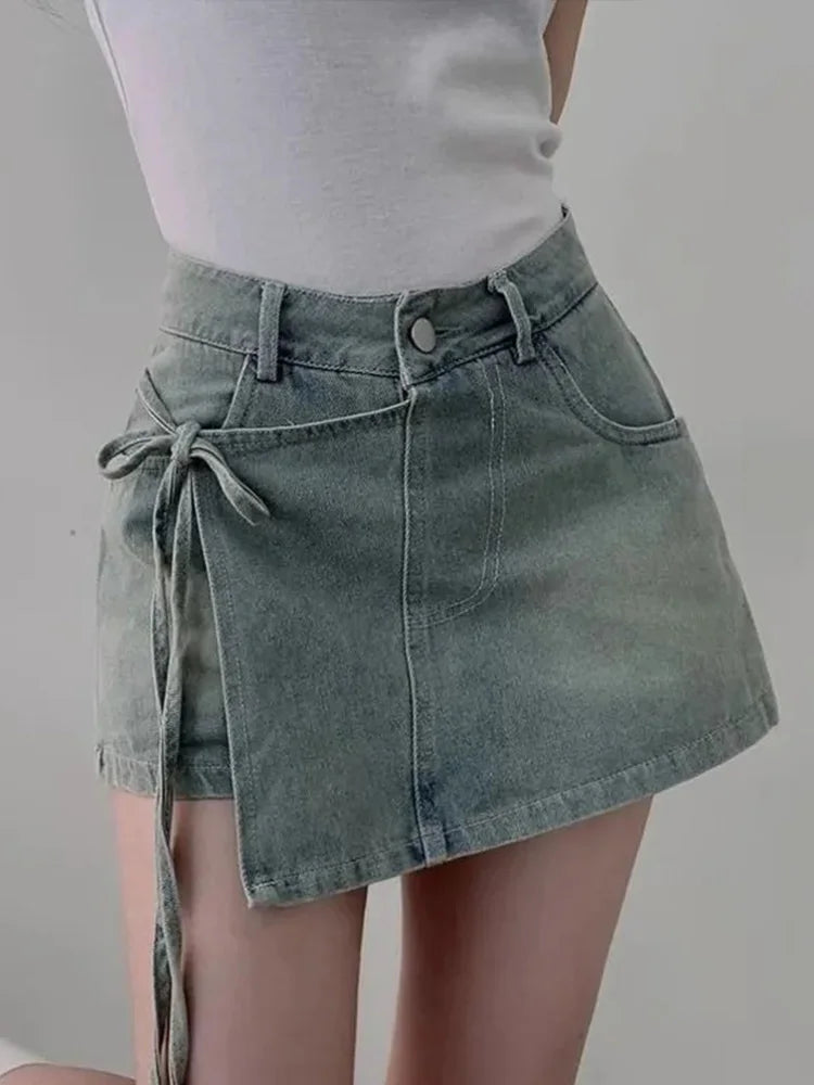 DFCF 2025 Spring Summe Jeans Streetwear Vintage Irregular Laced Up short Jeans Women Y2k Korean Fashion High Waist Straight Pant RT220