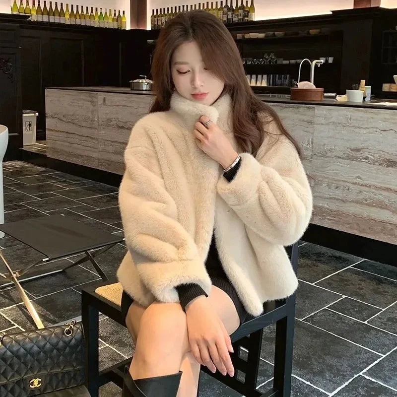 2024 Women Solid Color Stand Collar Mink Fur Top Female Long Sleeves Fox Fur Jacket Spring Autumn Lady Short Leather Fur Outwear RT220