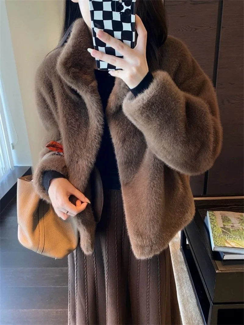2024 Women Solid Color Stand Collar Mink Fur Top Female Long Sleeves Fox Fur Jacket Spring Autumn Lady Short Leather Fur Outwear RT220