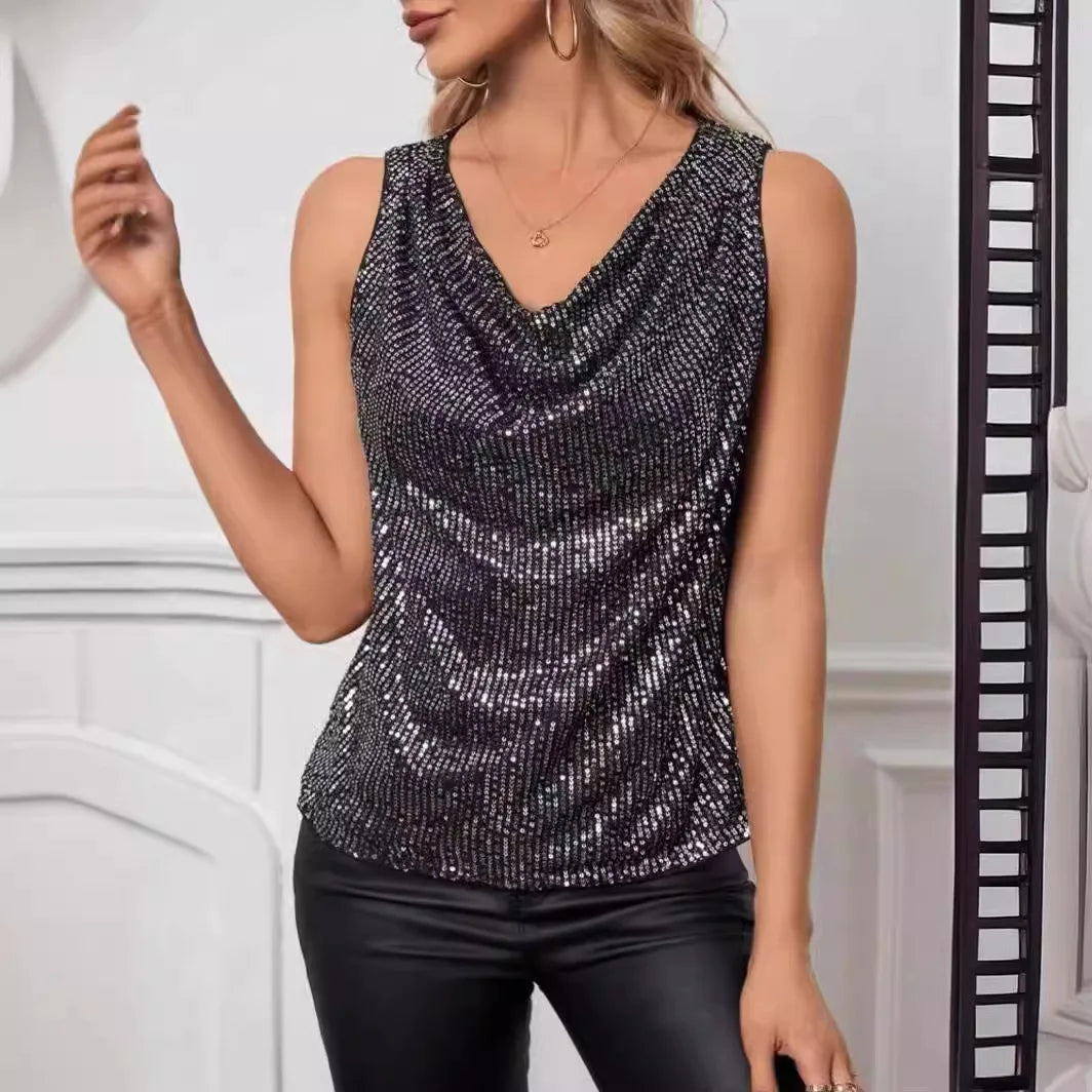 Women Top Shiny Glitter Sequin Sleeveless T-shirt Vest Tank Tops Fashion Sexy Camis New Cocktail Party Clubwear Evening T-shirts RT220