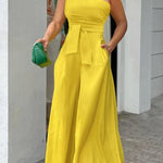 2023 Summer Women's Clothing Slanted Collar Unilateral Tie Irregular Strapless High Waist Pocket Wide Leg Pants Casual Jumpsuit RT220