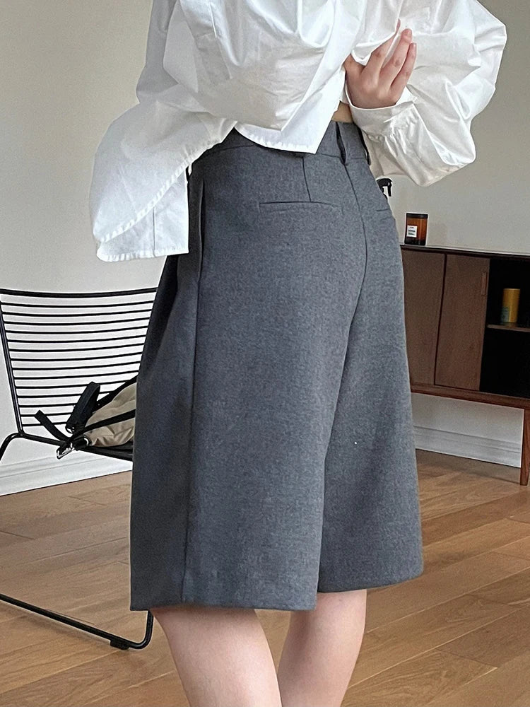 [LANMREM] Pleated Wool Shorts For Women High Waist Straight Office Lady Loose Clothing Korean Style 2025 Summer New 26D8692 RT220