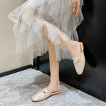 New Summer Fashion Metal Buckle Woman Shoes Half-drag Muller Shoes Women Wear Flat Slippers And Leather Toe-covered Sandals RT220