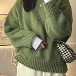 New O-Neck Loose Green Pullover Sweater For Women Autumn Winter Thick Retro Japanese Lazy Style Interior Bottom Knitted Top RT220