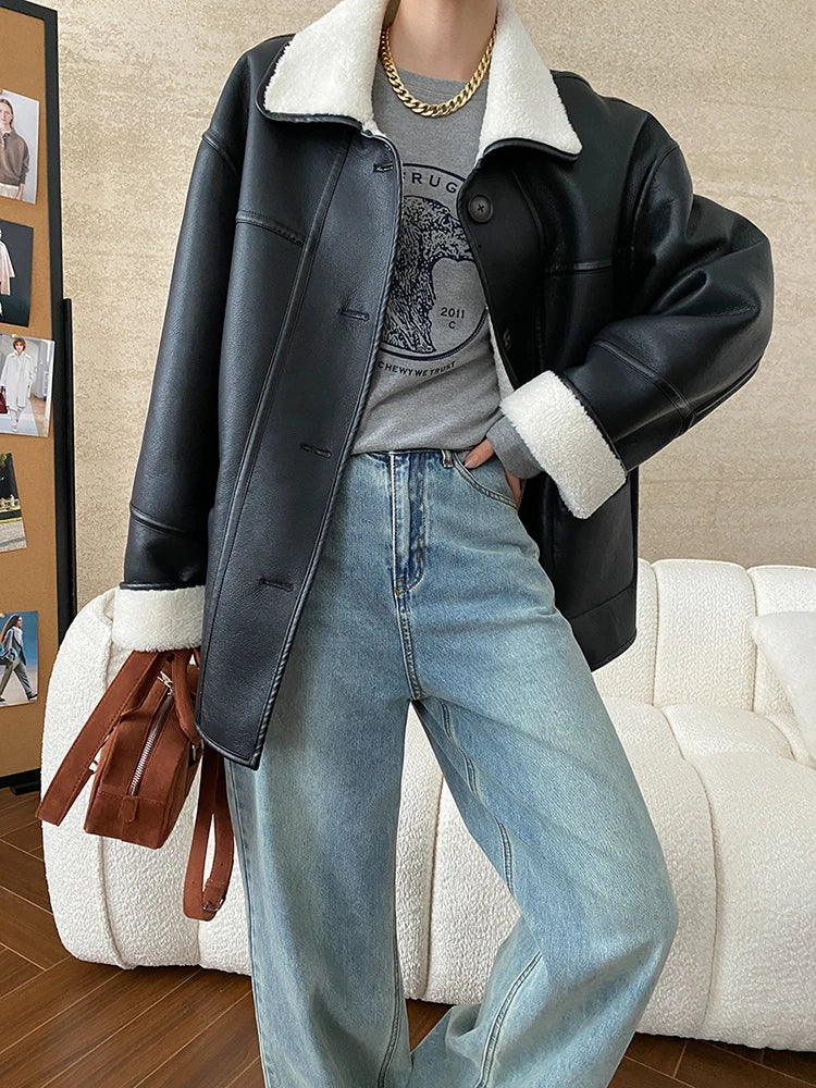 [LANMREM] Faux Fur Thick Warm Coats Lapel Single Breasted Office Lady Elegant Female Outwear Fashion 2025 Winter New 26C1095 RT220