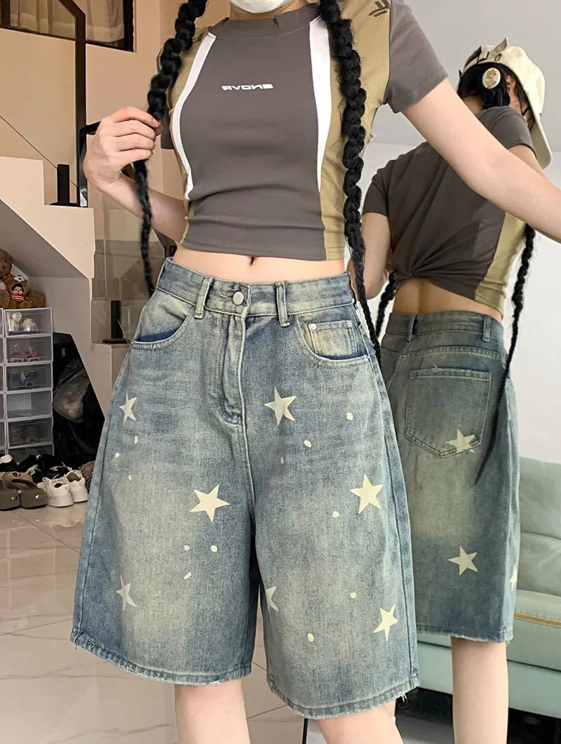 American Style Vintage Women's Short Jeans High Waisted Washed Wide Leg Denim Pants Woman Fashion Do Old Star Knee Length Shorts RT220