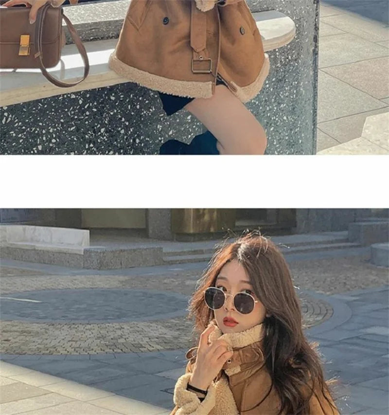 2024 Autumn Winter New Medium Long Double-breasted Lambswool Suede Woolen Coat Women Add Velvet Padded Warm Fur One Woolen Coats RT220