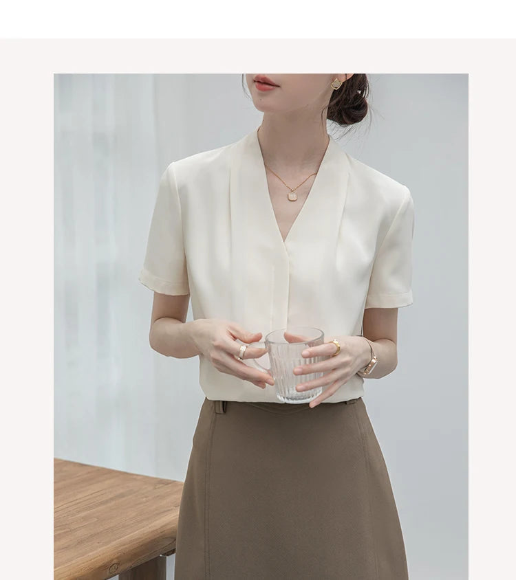 2025 Fashion Summer Short Sleeve V-Neck Women Blouse White Blouse Shirt Women Tops Blouses Shirts Blusas Para Mujer Camisas XL86 RT220