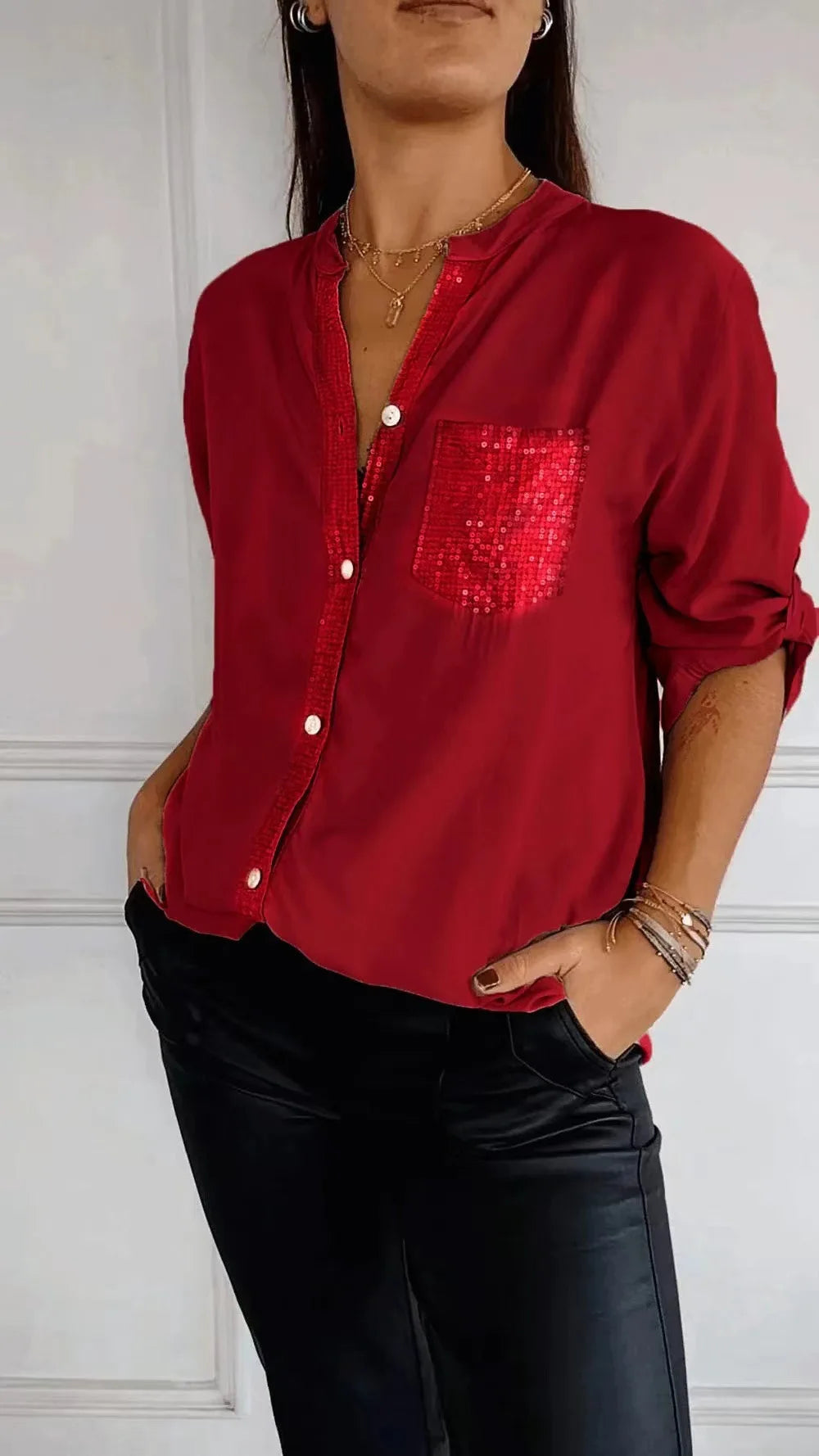 Casual Loose Sequins Patchwork Shirt Blouse Women Fashion Button Long Sleeve Shirts For Women Spring Autumn Pocket Tops Femme RT220