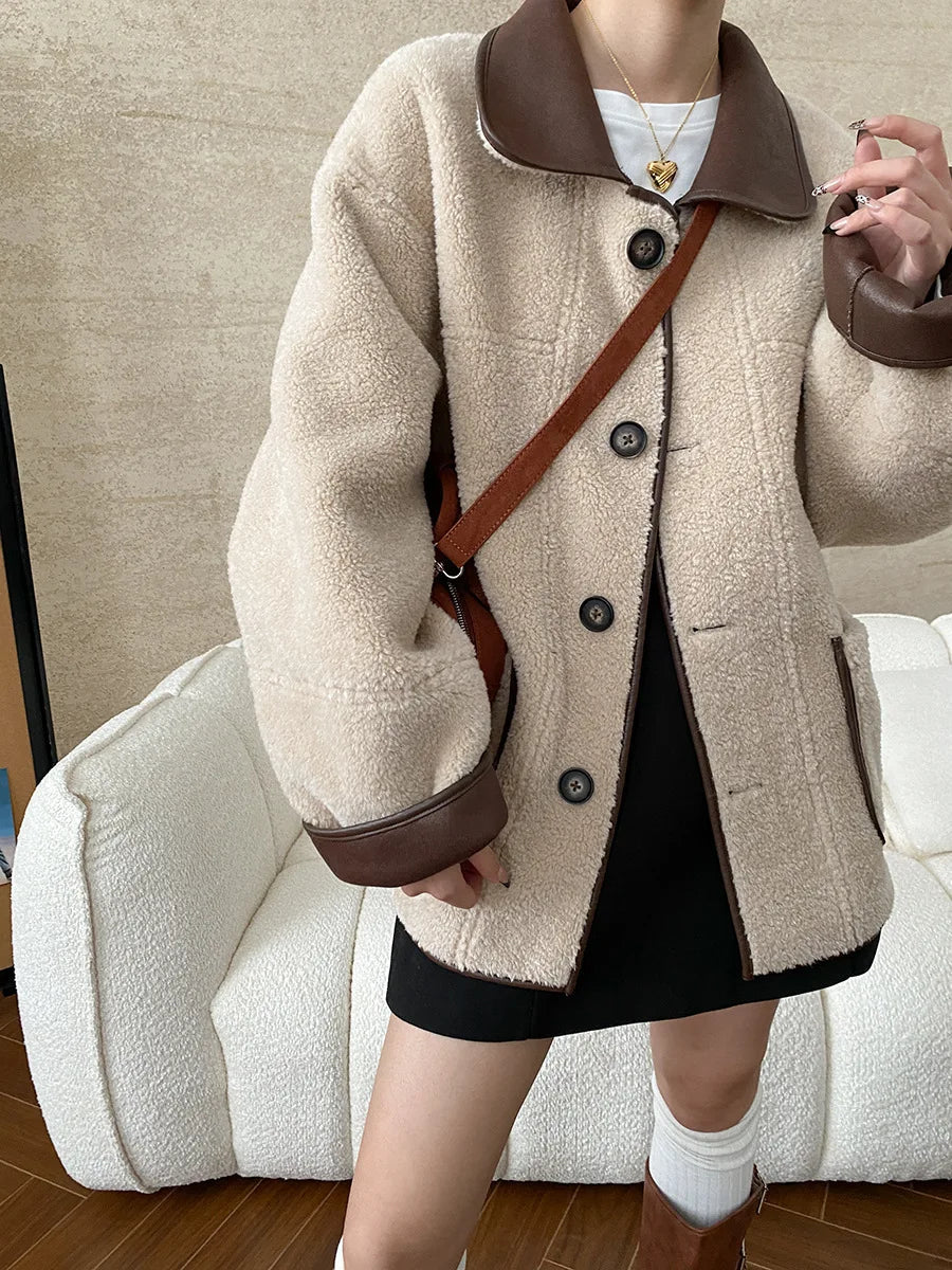 [LANMREM] Faux Fur Thick Warm Coats Lapel Single Breasted Office Lady Elegant Female Outwear Fashion 2025 Winter New 26C1095 RT220