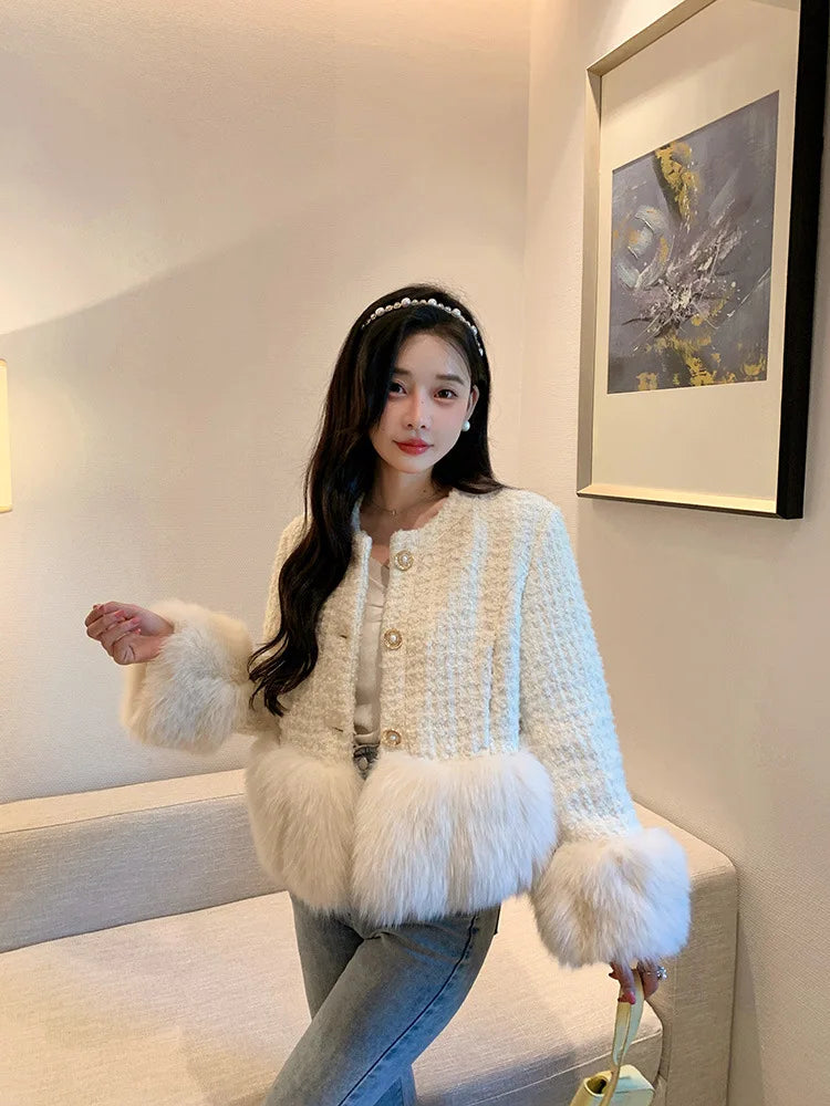Autumn Winter Women's White Imitation Fox Fur Single Breasted Short Jacket New High-Quality Cotton/Non Cotton Wool Coats RT220