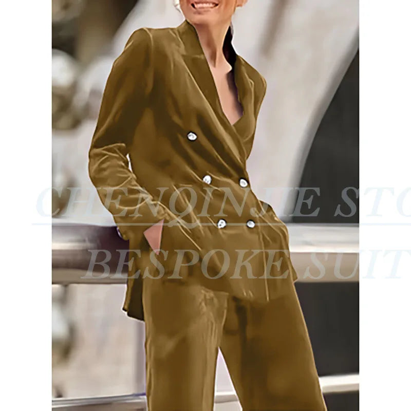 Luxury Purple Women's 2 Piece Sets Suits Chic Double Breasted Peak Lapel Slim Fit Jacket Pants Outfits Velvet Office Blazer 2025 RT220