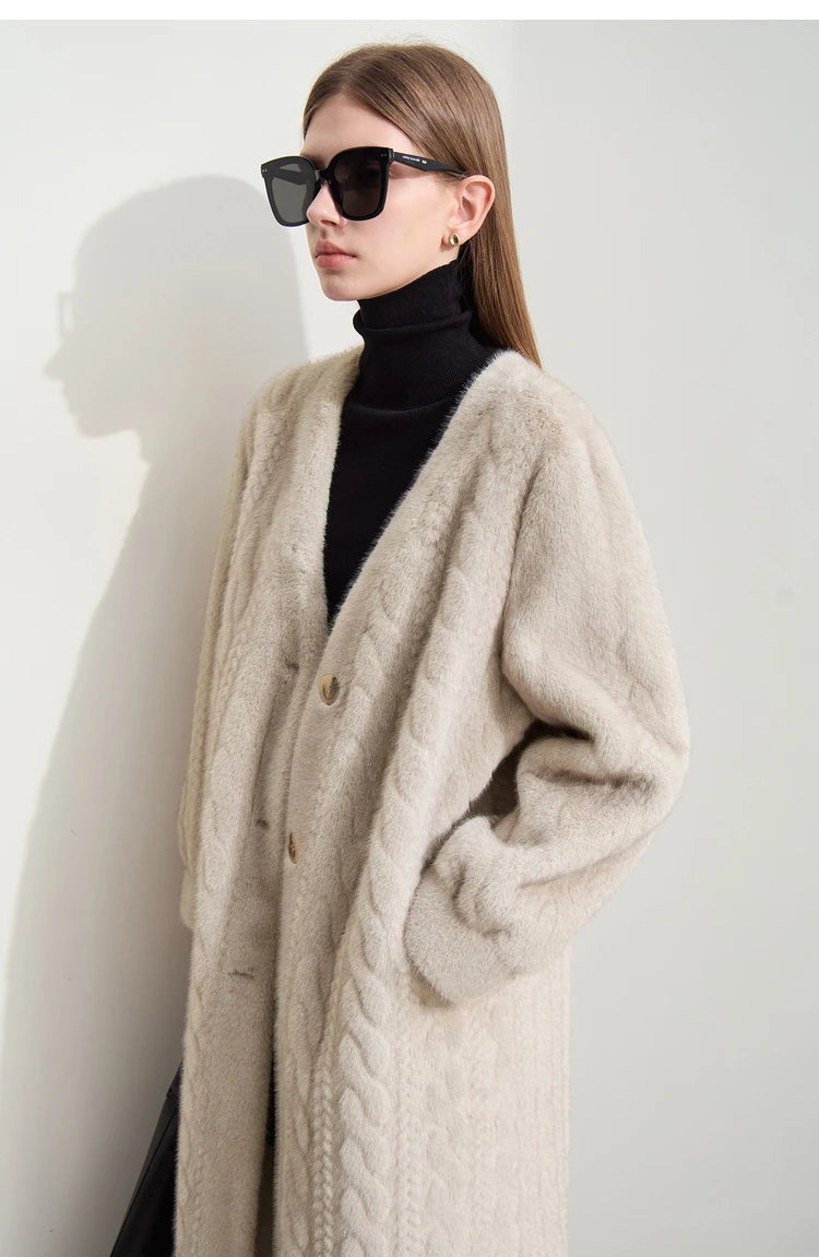 Women Fur Cardigan Thickened Long2025Spring And Autumn V-neck Jacket Female Loose Simple Leisure With Buttons Faux Fur Mink Coat RT220