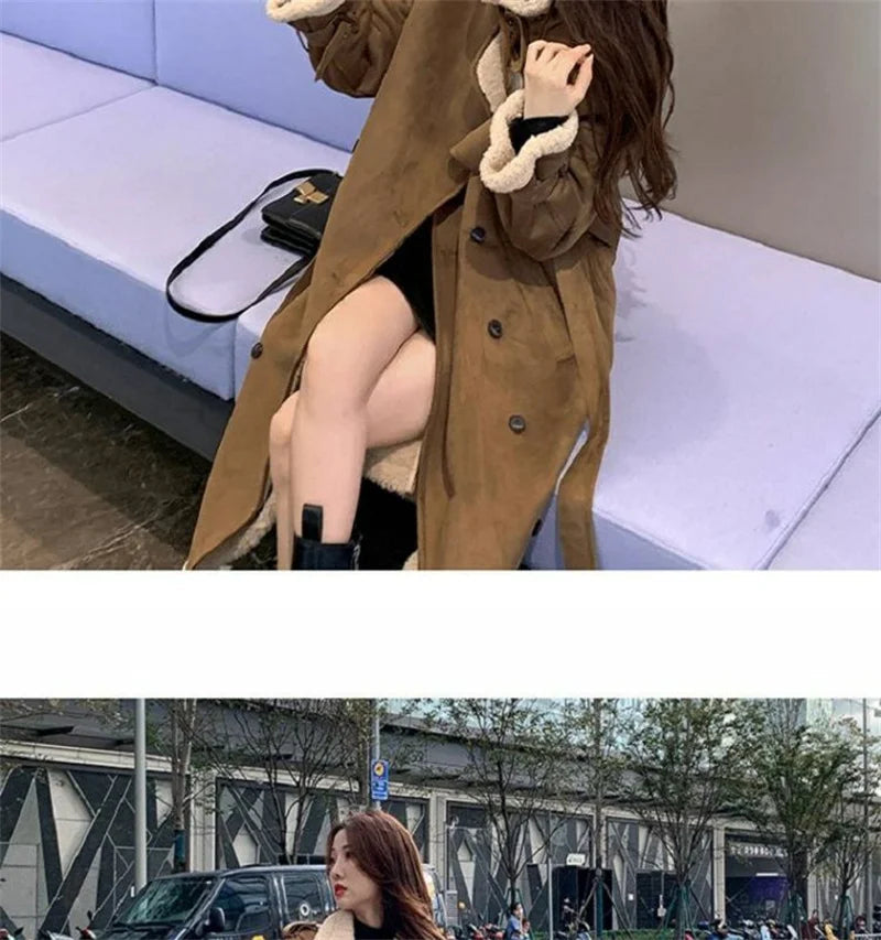 2024 Autumn Winter New Medium Long Double-breasted Lambswool Suede Woolen Coat Women Add Velvet Padded Warm Fur One Woolen Coats RT220