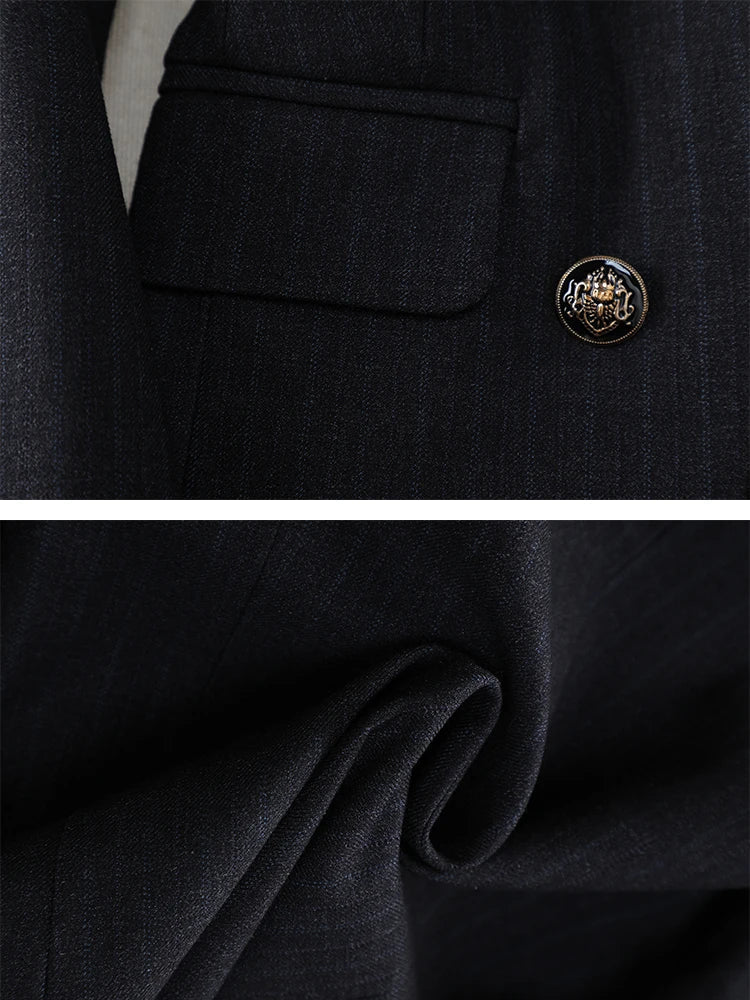 Women Pant Suit Office Ladies Female Business Work Wear 2 Piece Set Black Blue Striped Formal Blazer Jacket And Trouser RT220