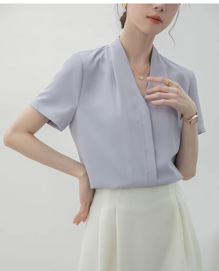 2025 Fashion Summer Short Sleeve V-Neck Women Blouse White Blouse Shirt Women Tops Blouses Shirts Blusas Para Mujer Camisas XL86 RT220