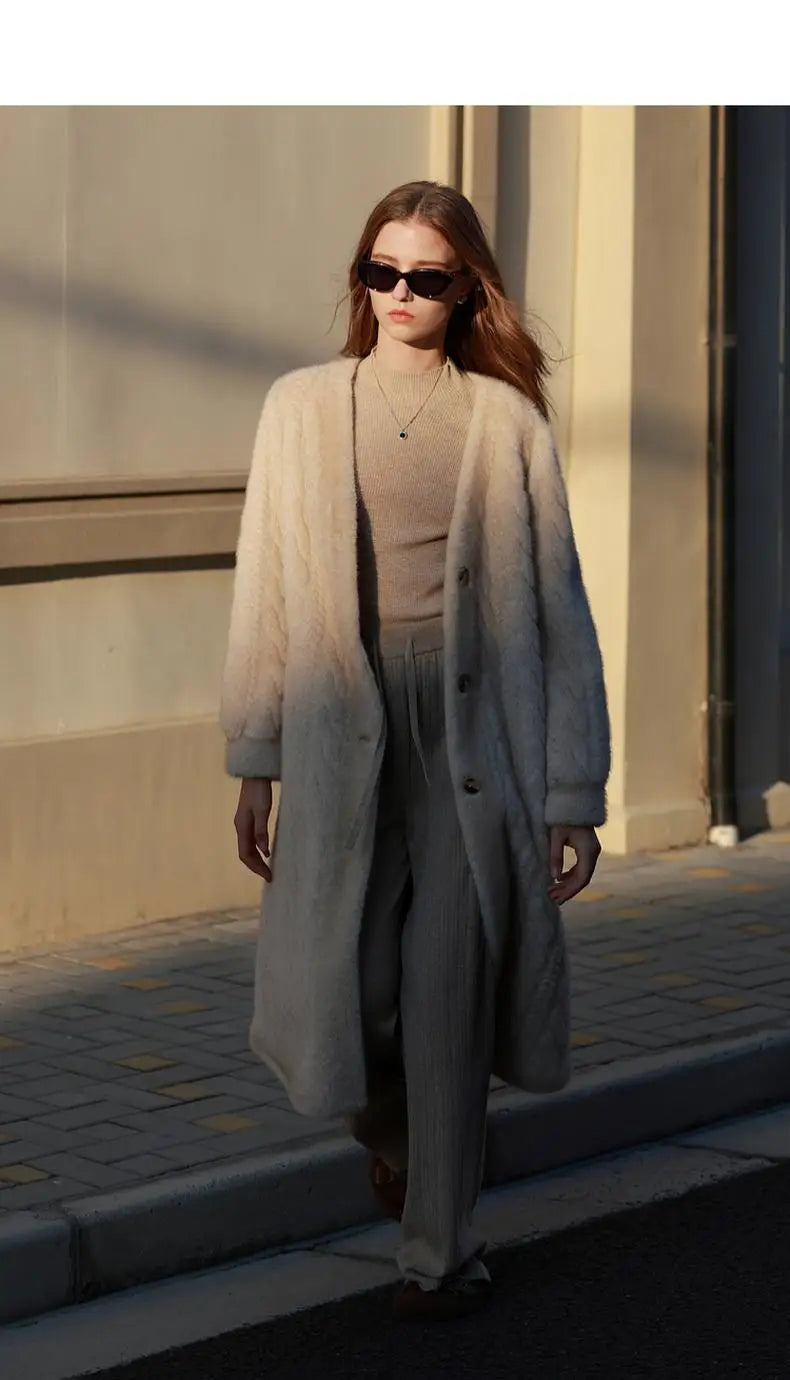 Women Fur Cardigan Thickened Long 2024Autumn Winter V-neck Jacket Female Loose Simple Leisure With Buttons Casual Faux Fur Coat RT220