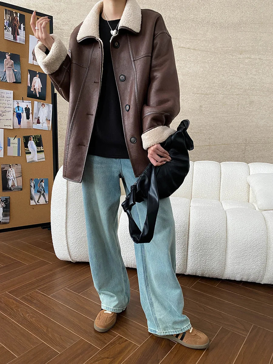 [LANMREM] Faux Fur Thick Warm Coats Lapel Single Breasted Office Lady Elegant Female Outwear Fashion 2025 Winter New 26C1095 RT220