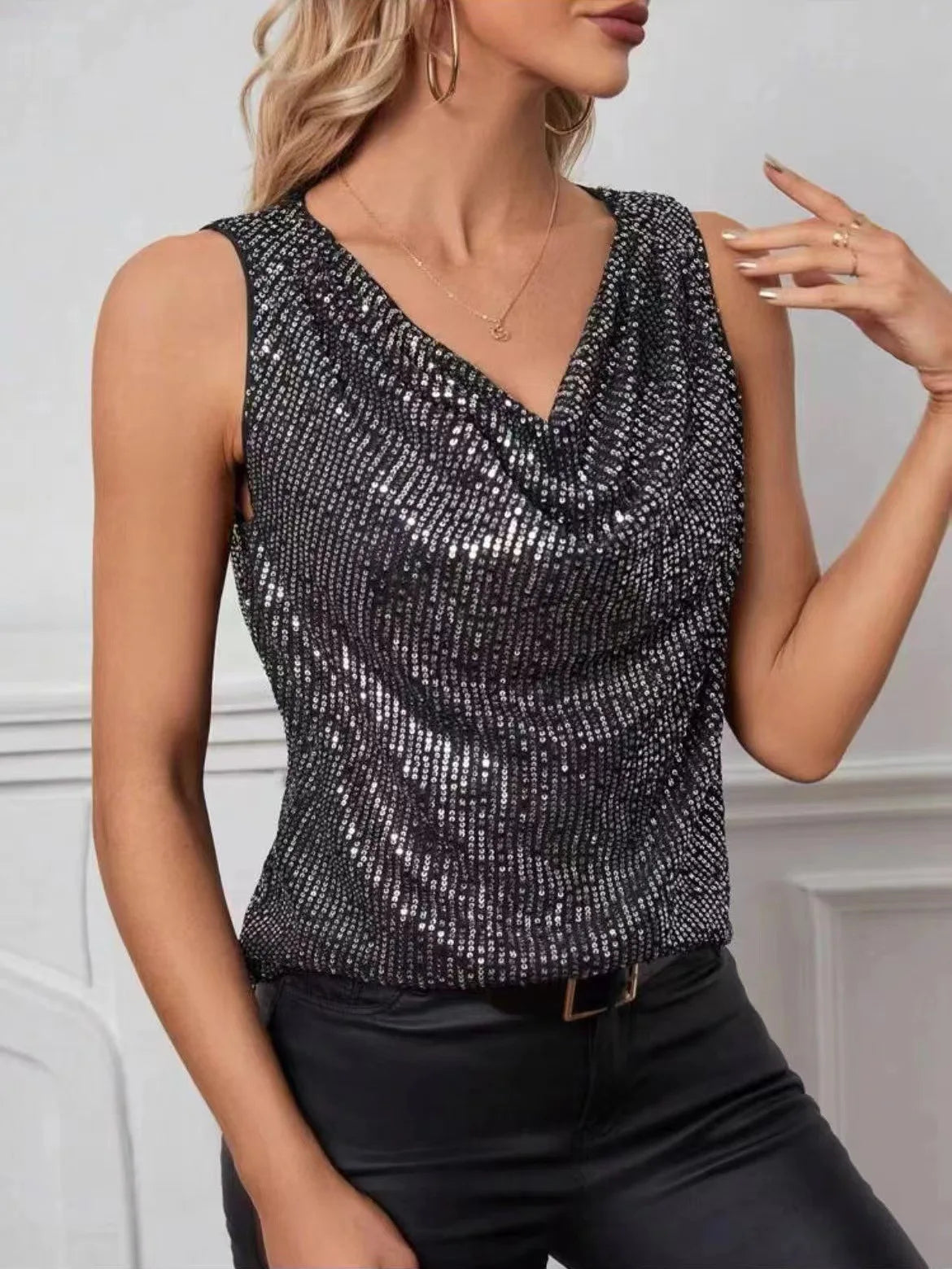 Women Top Shiny Glitter Sequin Sleeveless T-shirt Vest Tank Tops Fashion Sexy Camis New Cocktail Party Clubwear Evening T-shirts RT220