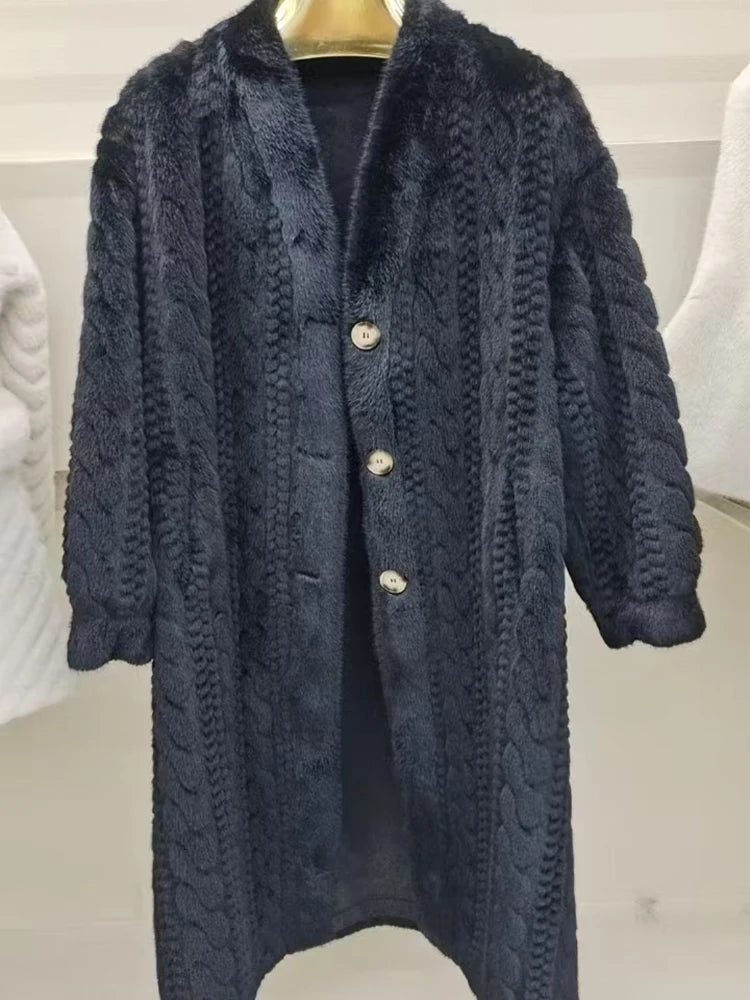 Women Fur Cardigan Thickened Long 2024Autumn Winter V-neck Jacket Female Loose Simple Leisure With Buttons Casual Faux Fur Coat RT220