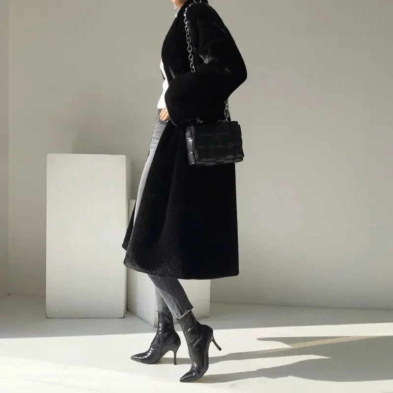 Faux Fur Coats Women Stand Collar Mid Length Long Coat Thick Maxi Warm Y2k Tops Open Stitch Elegant Autumn Winter Black Jackets RT220