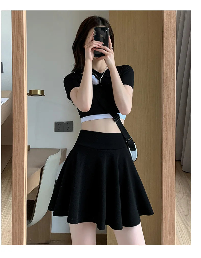 ITOOLIN Women Sweet Solid Color Preppy Skirts Casual Wide Leg High Waist Mini Skirts Women Harajuku Pleated A-line Skirts New RT220