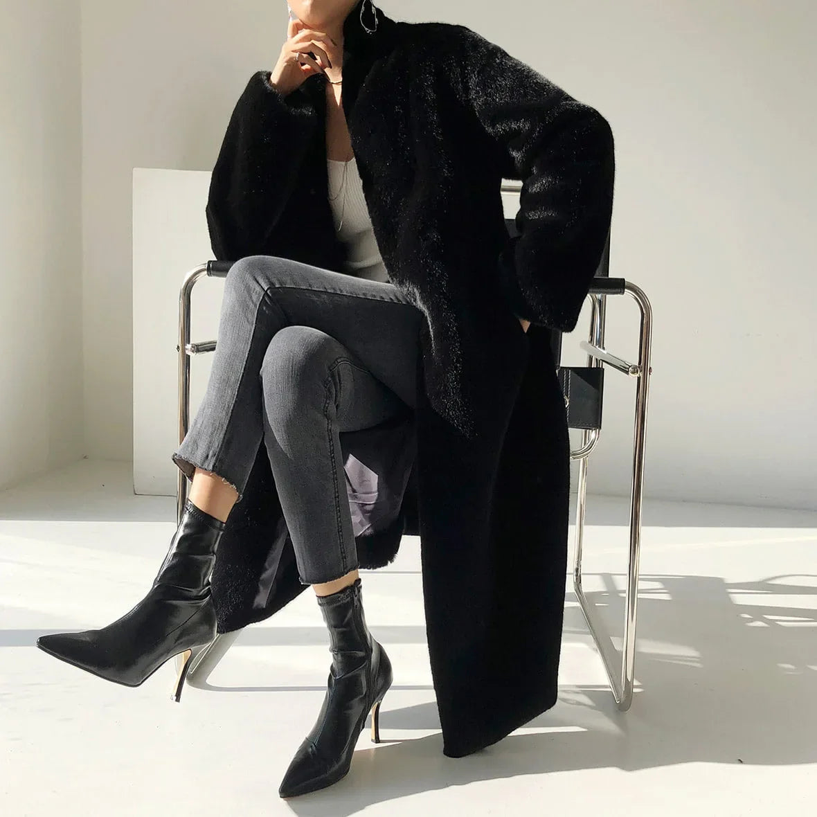 Faux Fur Coats Women Stand Collar Mid Length Long Coat Thick Maxi Warm Y2k Tops Open Stitch Elegant Autumn Winter Black Jackets RT220