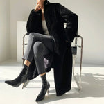 Faux Fur Coats Women Stand Collar Mid Length Long Coat Thick Maxi Warm Y2k Tops Open Stitch Elegant Autumn Winter Black Jackets RT220