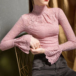 Women Paisley Flower Lace Shirt S-2XL Stretch Turtleneck Bell Sleeve Blouse Tops Pink Blue Coffee Green Fashion Ladies Blouses RT220