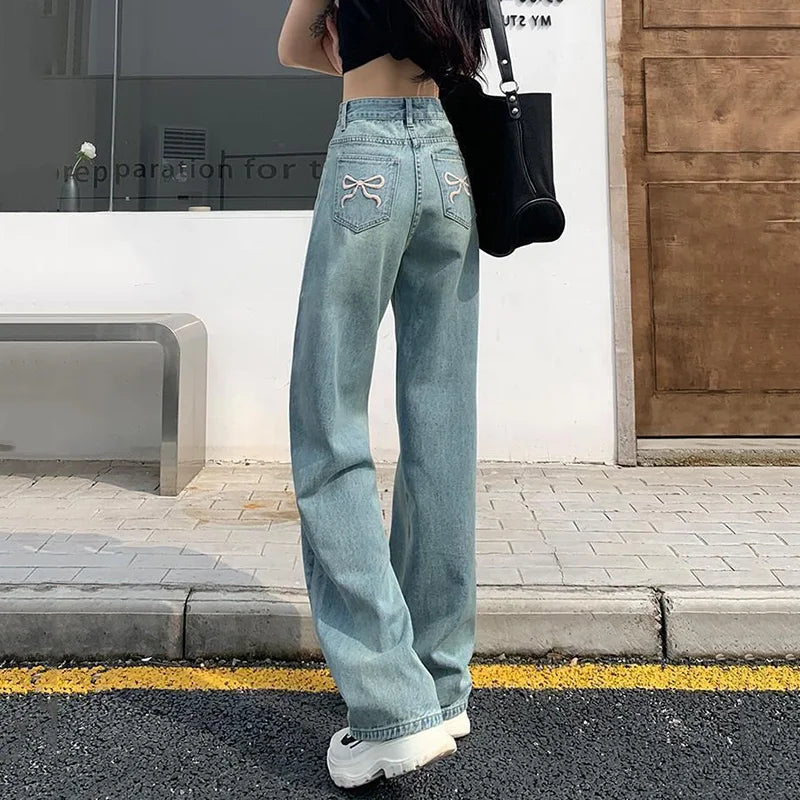 Girls Baggy Straight Leg Y2k Jeans Female Bow Embroidered Back Pocket Denim Pants Classic High Waist Casual Wide Leg Trousers RT220
