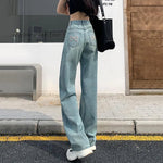 Girls Baggy Straight Leg Y2k Jeans Female Bow Embroidered Back Pocket Denim Pants Classic High Waist Casual Wide Leg Trousers RT220
