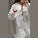 Fashion White Lapel Oversize Long Sleeve Shirts 2025 Spring New Weave Drawstring Blouse Lady Holiday Beach Street Chic Loose Top RT220