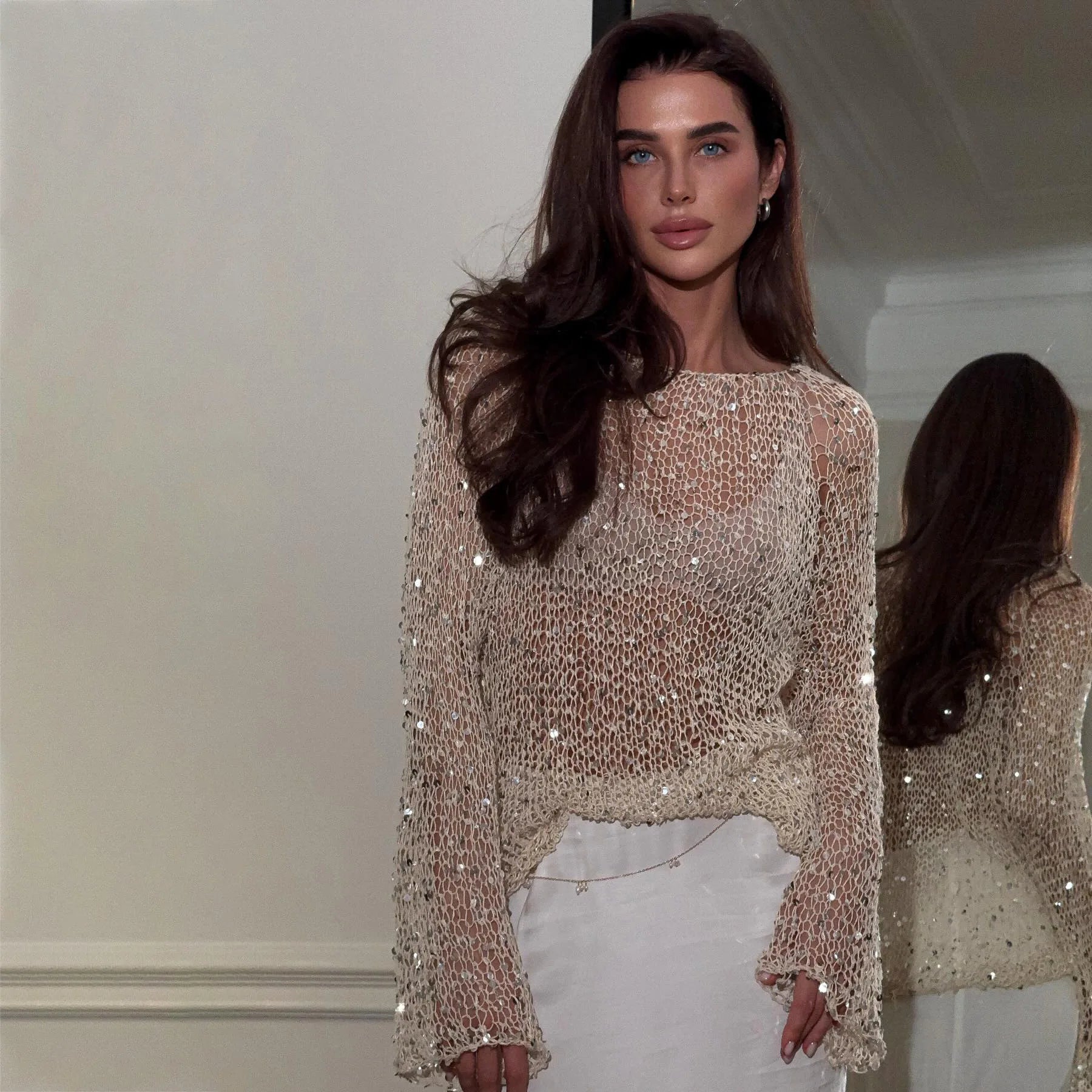 Sequined Knitting O-neck Pullover Women Elegant Hollow Out Design Long Sleeve 2025 Spring Evening Party Tops for Ladies RT220