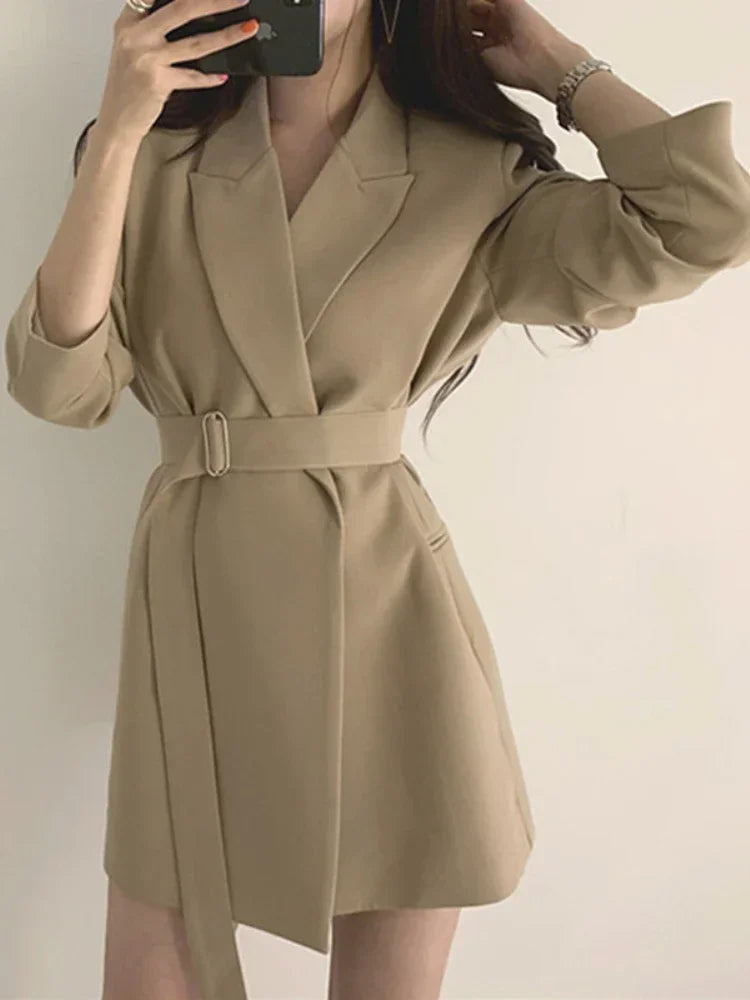 New 2025 Spring Summer Mid-length Small Thin Suit Vintage Belt Korean Fashion Casual Temperament Blazers for Women Clothing RT220