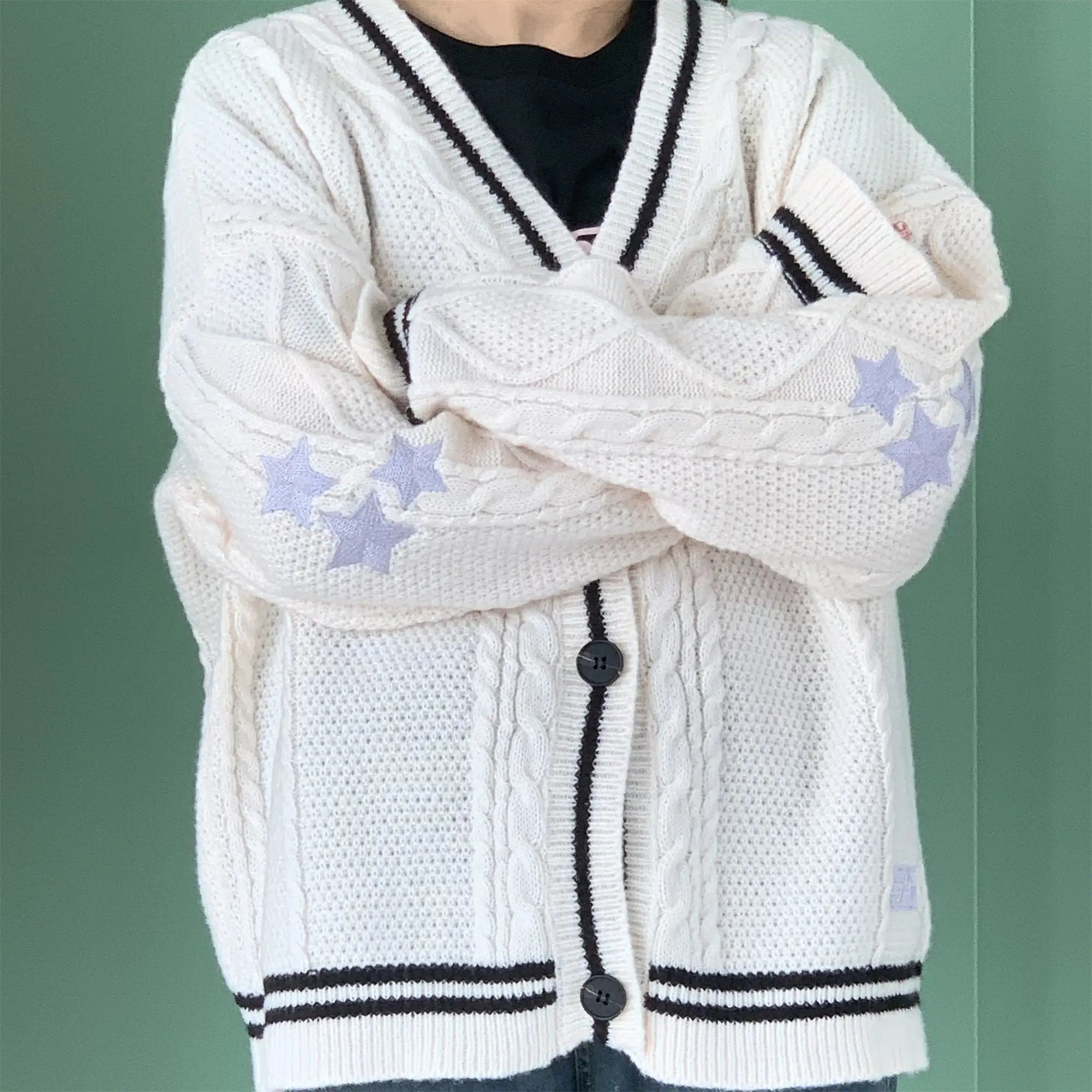 Star Cardigan Women Oversized Button Up Chunky Cable Knitted Sweater with Star Embroidery Sleeve Warm Knitwear Autumn Winter RT220