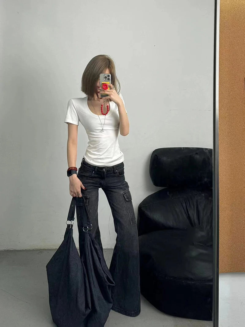 Streetwear Vintage Black Jeans Women American Y2K Slim High Waist Flare Denim Pants Female Casual Multiple Pockets Denim Trouser RT220