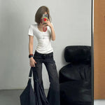 Streetwear Vintage Black Jeans Women American Y2K Slim High Waist Flare Denim Pants Female Casual Multiple Pockets Denim Trouser RT220