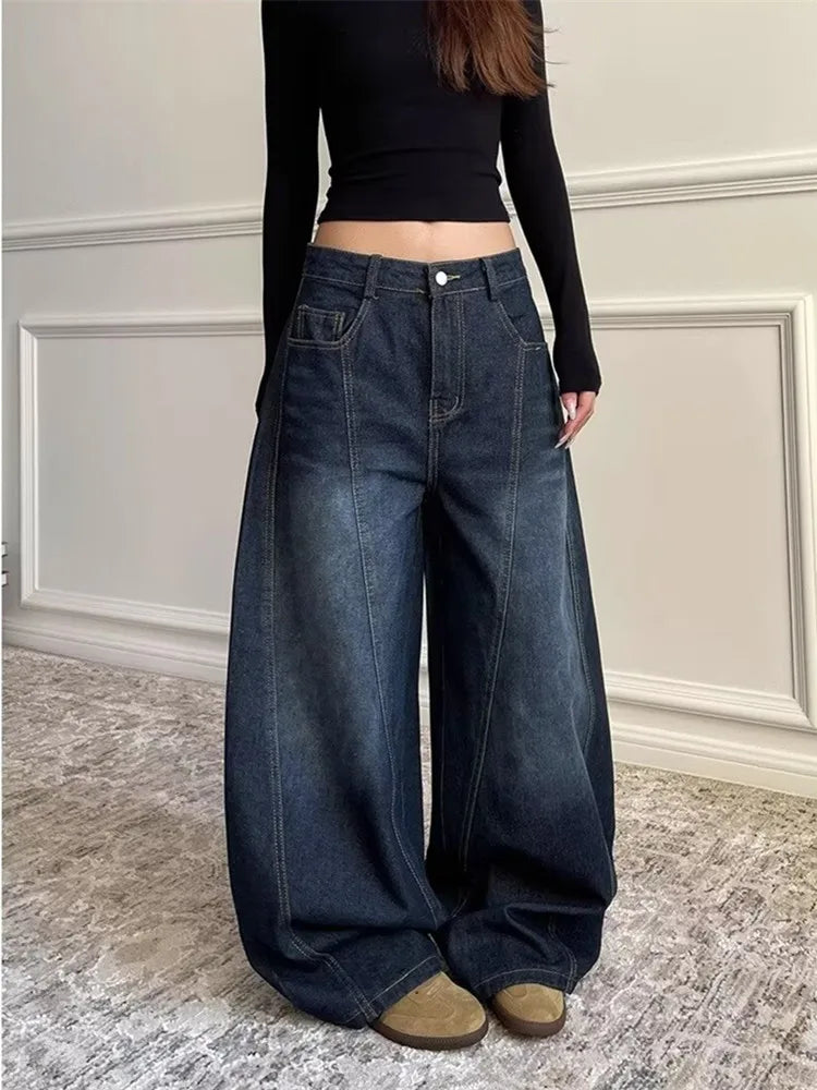 2025 Ropa Y2K Fashion Letter Embroidery Vintage Dark Blue Baggy Jeans Pants Women Clothing New Rock Wide Leg Lady Denim Trousers RT220