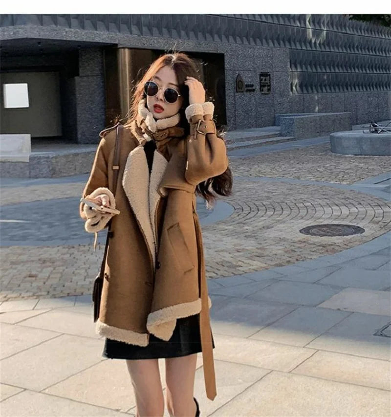 2024 Autumn Winter New Medium Long Double-breasted Lambswool Suede Woolen Coat Women Add Velvet Padded Warm Fur One Woolen Coats RT220