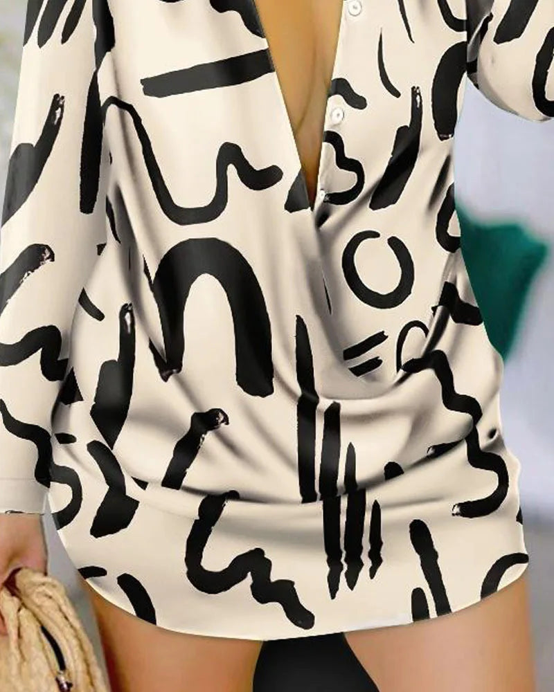 Women Urban Blouses 2024 Spring Summer Hot Selling Sexy Deep V-Neck Fashion Printed Long Sleeved Shirt Dress Loose Versatile Top RT220