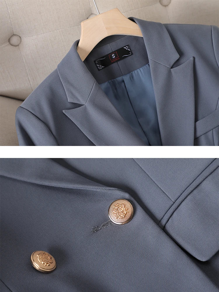 Gray Black Blue White Fashion Women Pant Suit Long Sleeve Solid Ladies Blazer and Trouser Formal 2 Piece Set For Autumn Winter RT220