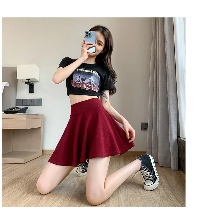 ITOOLIN Women Sweet Solid Color Preppy Skirts Casual Wide Leg High Waist Mini Skirts Women Harajuku Pleated A-line Skirts New RT220