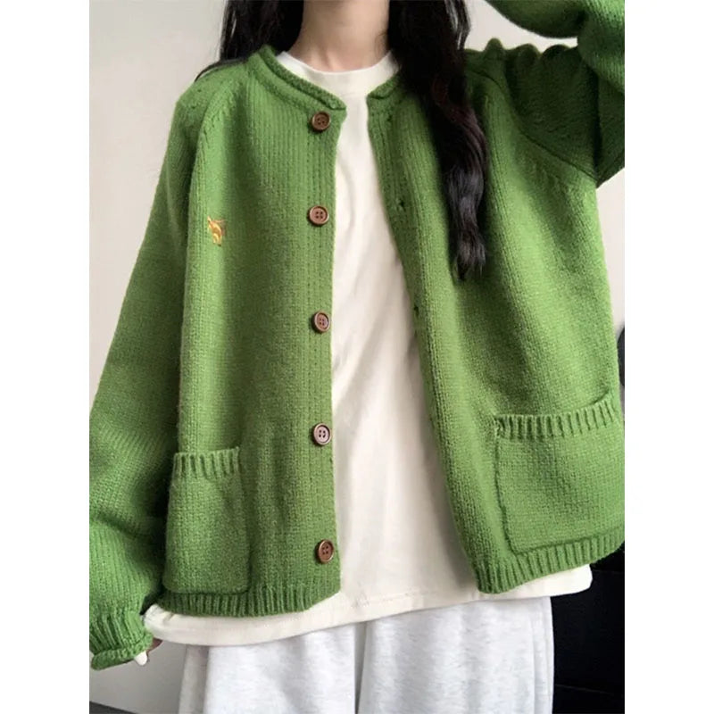 Autumn Winter Women Green Sweaters Coats O-Neck Pockets Embroid Button Fashion Sweet Lazy Wind Long Sleeve Cardigan Knit Tops RT220